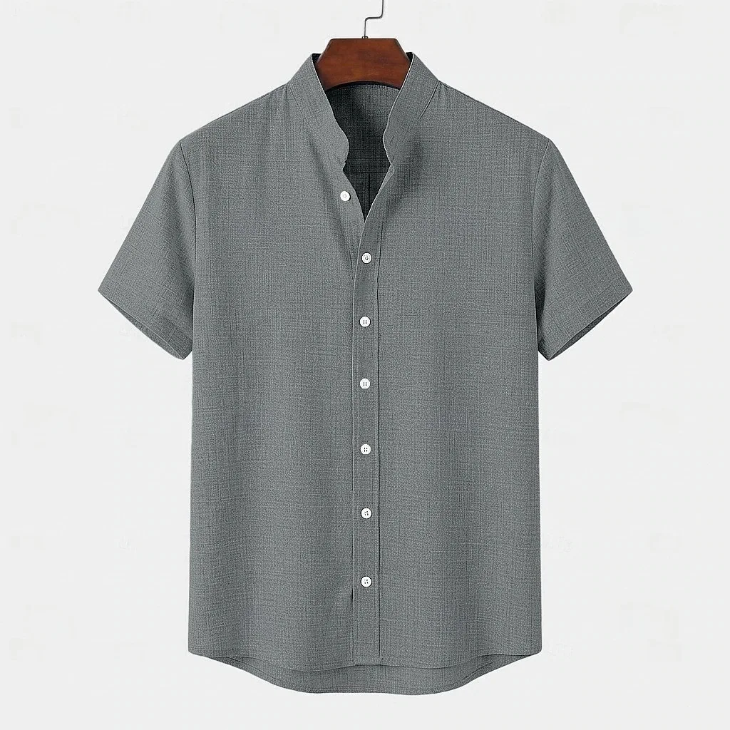 FEGKZLI  Men's Casual 100% Linen Shirt Summer Solid Color Short Sleeve Breathable Loose Youth Basic Stand Up Collar Tops