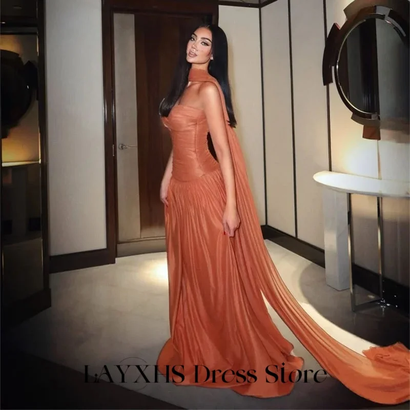 LAYXHS Elegante avondjurken Oranje strapless a-lijn sjaal plooi galajurken op maat gemaakte robes de soirée
