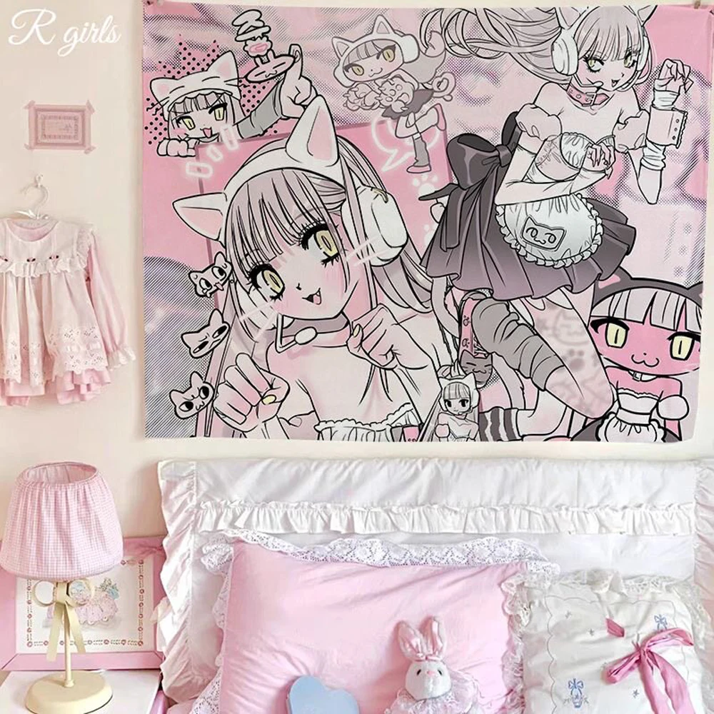 Y2K Cute Anime Ins Style Tapestry Sweet Cool Girl Decor Headboard Background Imperfections Covering Subculture Home Decor