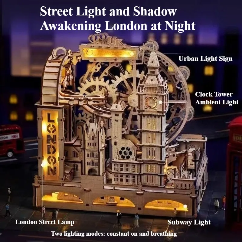 Robotime Travel Around The World London Dynamic Track City with Lights Assembly Model Desktop Ornament Collectible Display Gift