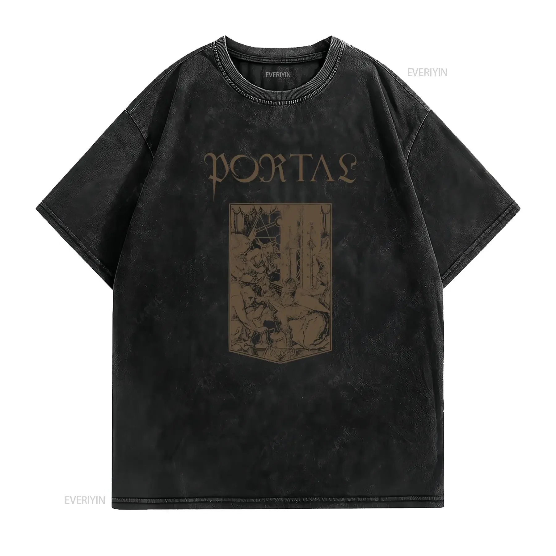 Gothic Occult Dark Portal Vintage Line Art Print Streetwear Casual T Shirt vintage Washed Comfortable streetwear homme fashion