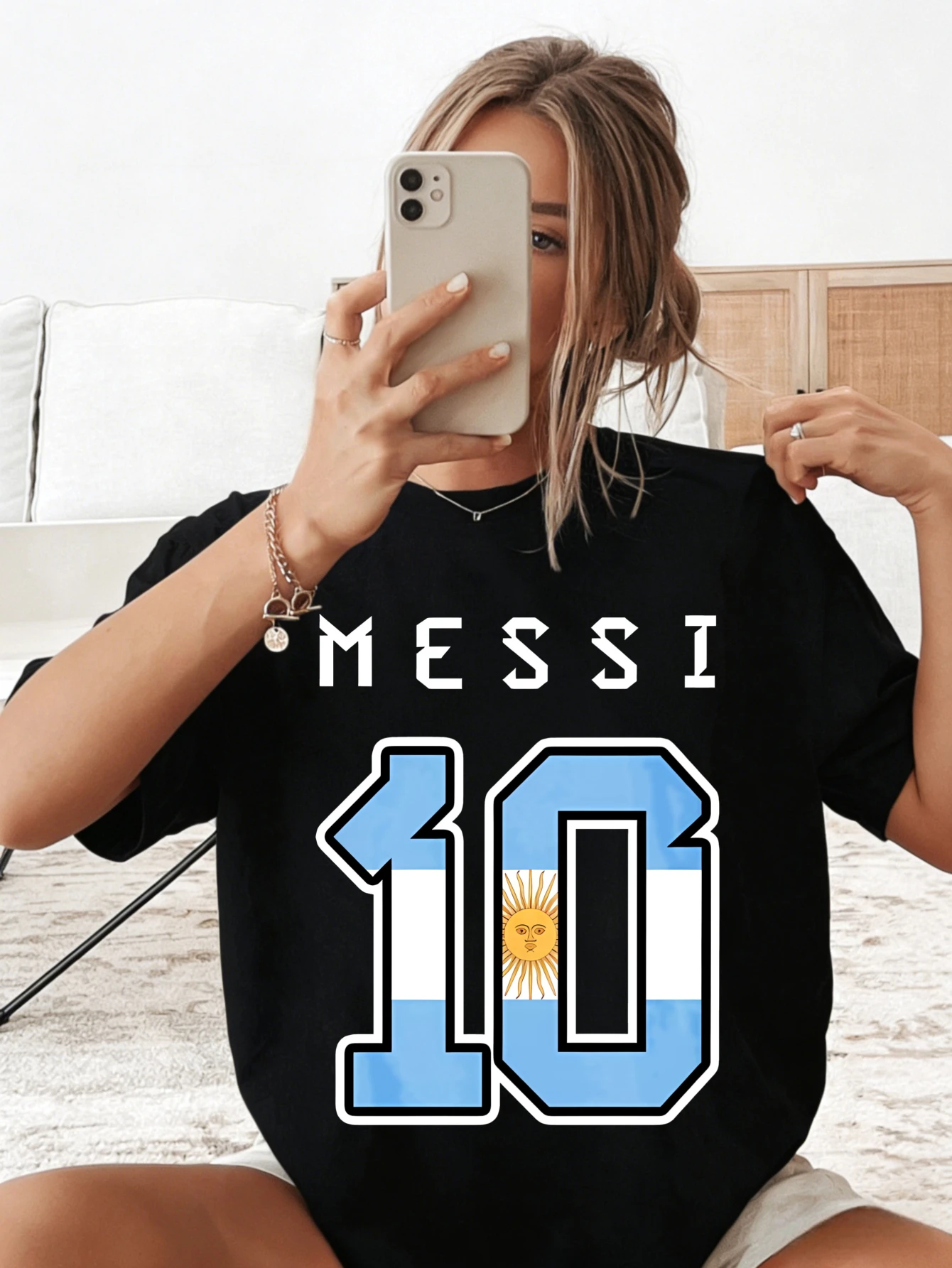 

Женская хлопковая футболка оверсайз с принтом Месси 10, уличный стиль, спортивная, летняя, повседневная, с коротким рукавом, подарок для нее