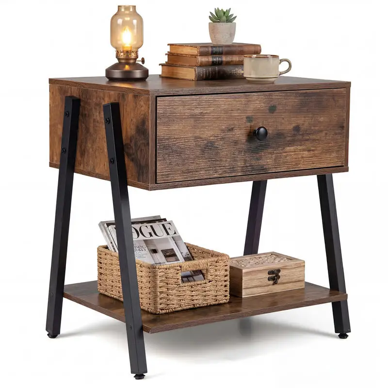 Industrial Nightstand With Drawer, Adjustable Foot Pads, Rustic Brown Bedside Table For Bedroom, Living Room Storage