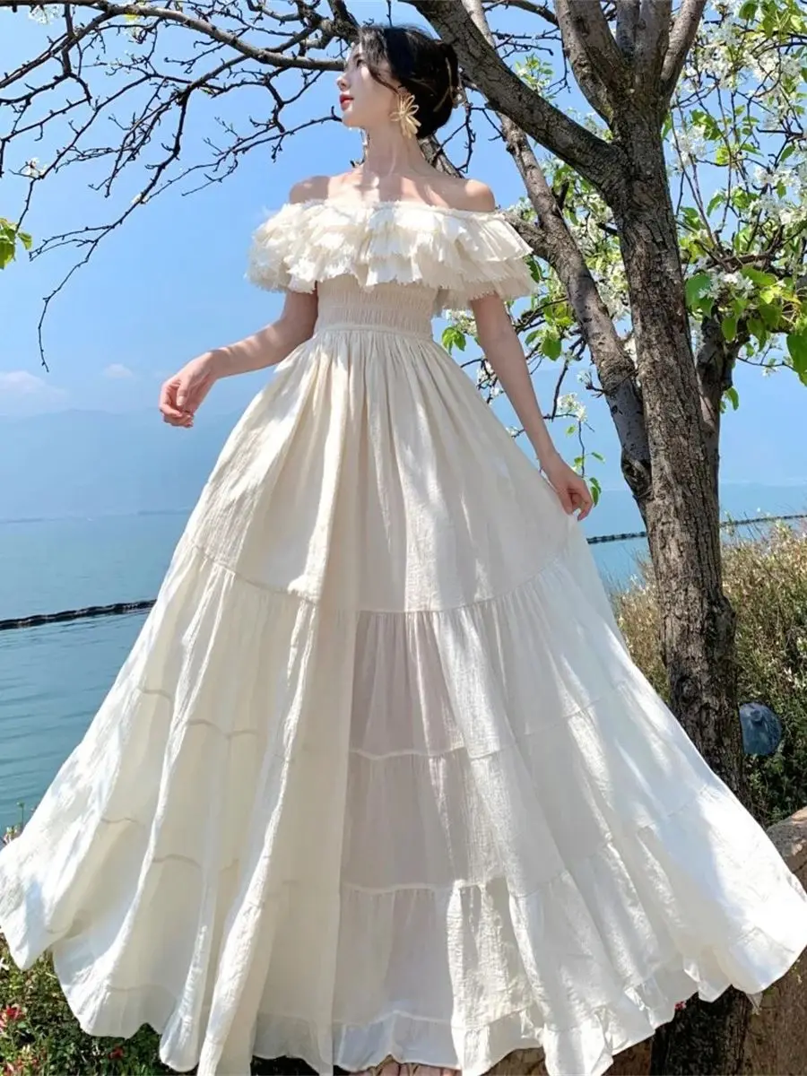 

Elegant Off Shoulder Ruffles Splice Prom Evening White Dresses Women Summer Elastic Corset Top Slash Neck A Line Evening Dress