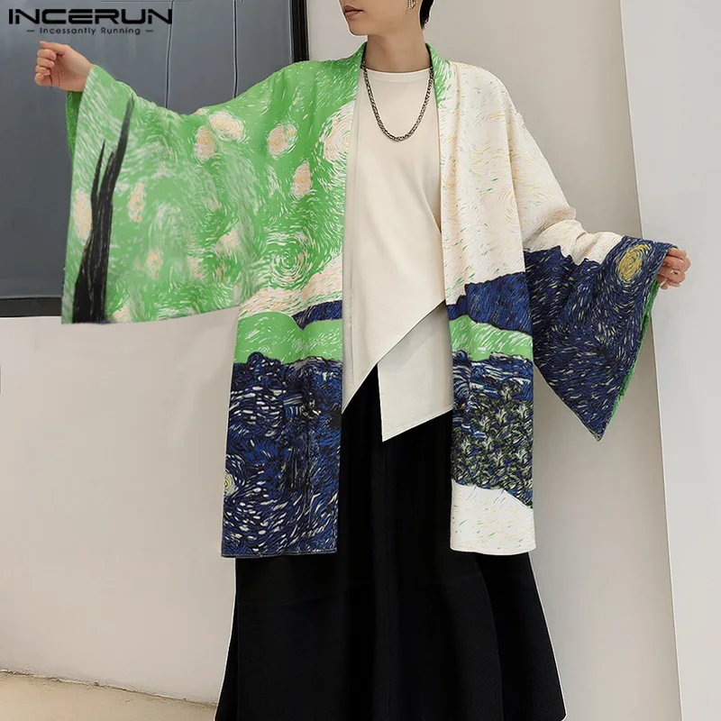 

INCERUN Men Shirt Printing Open Stitch Long Sleeve Loose Casual Male Cardigan Streetwear Korean Style Fashion Men Clothing S-5XL