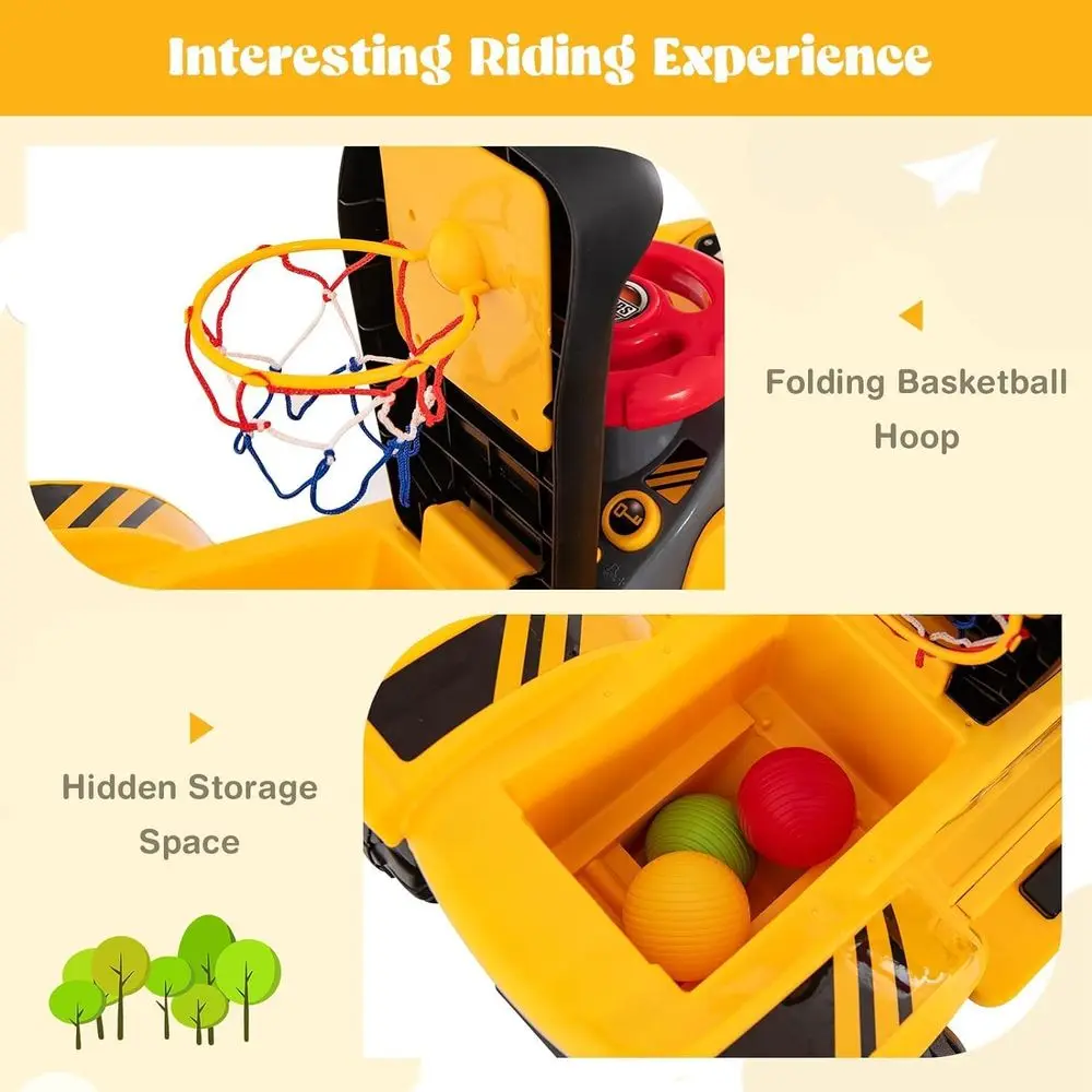 2-in-1 ライドオン ショベルカー ブルドーザー、6V 電動ショベルカー 乗用玩具、ボール3個とバスケットゴール付き、調整可能なバケット