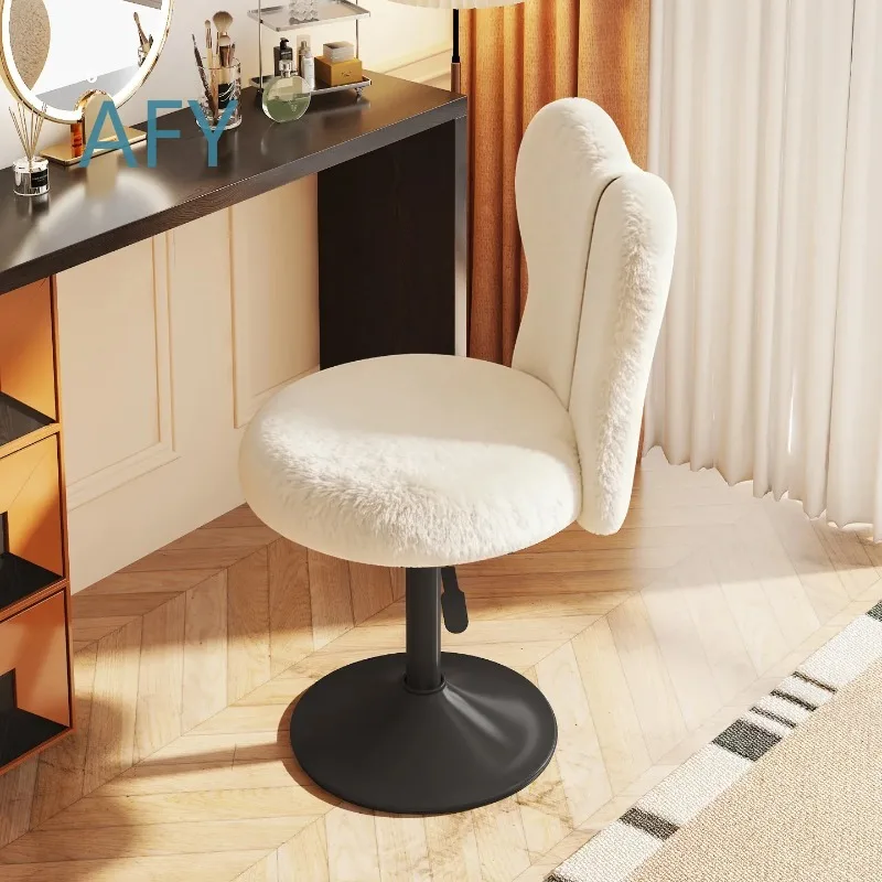 Adjustable Makeup Vanity Stool for Dressing Table with Lamb Wool Upholstery Rotating Butterfly Backrest Height Adjustable