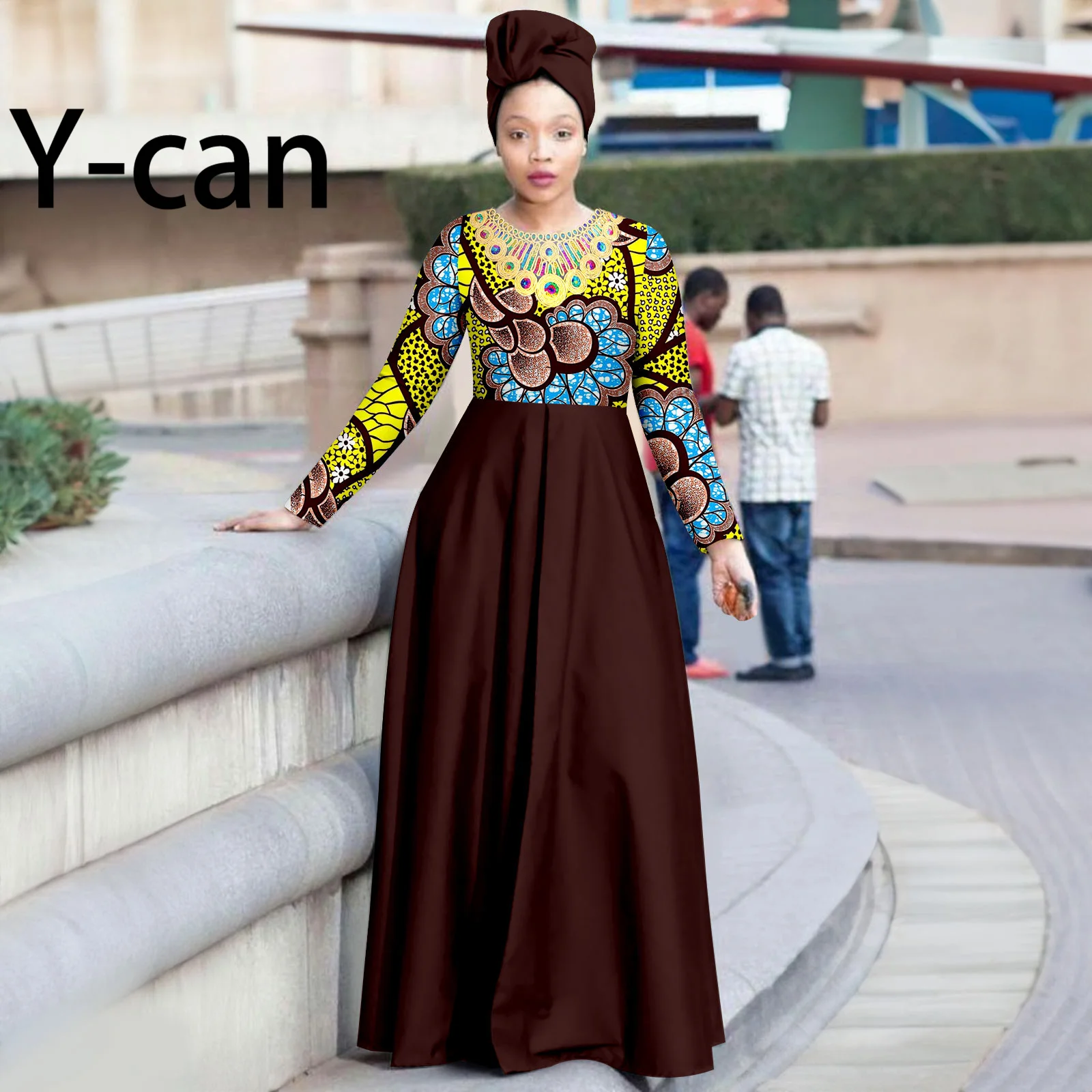 

African Dresses for Women Dashiki Ankara Print Maxi Long Dresses with Headwrap Bazin Riche Elegant Party Gown Clothing 2425048