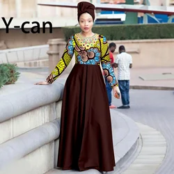 African Dresses for Women Dashiki Ankara Print Maxi Long Dresses with Headwrap Bazin Riche Elegant Party Gown Clothing 2425144