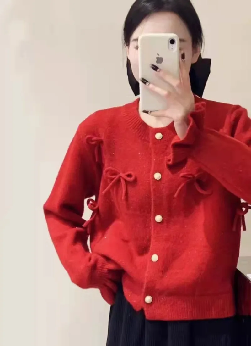 

Miiiix Red 3D Bow Wooden Ear Cardigan 2024 Women's New Round Neck Single Breasted Knitted Cardigan Sweater Female Clothing