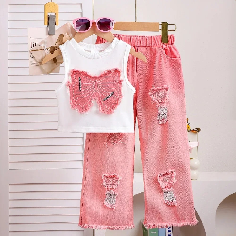 

Korean Version Street Fashion Girl Sleeveless Bow Embroidered Vest+fake Ripped Pants Two-piece Set Children's Casual Clothes