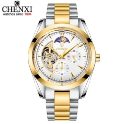 CHENXI Watches Men Moon Phase Tourbillon Watches Luxury Gold Stainless Steel Automatic Mechanical Wristwatches Men Reloj Hombre