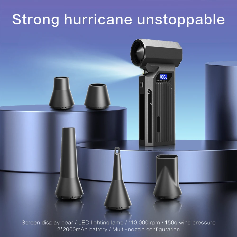 منفاخ توربو كهربائي 110KRPM، تدفق هواء 4 سرعات + ضوء LED، تصميم شحن سريع USB، أداة تنظيف شق الكمبيوتر/السيارة