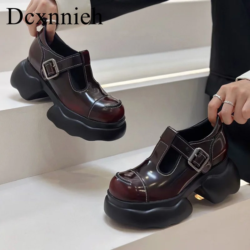 

Genuine Leather Thick Bottom Mary Jane Shoes Women's Retro Heighten Flat Shoes Spring Autumn Walking Shoes British Single Shoes