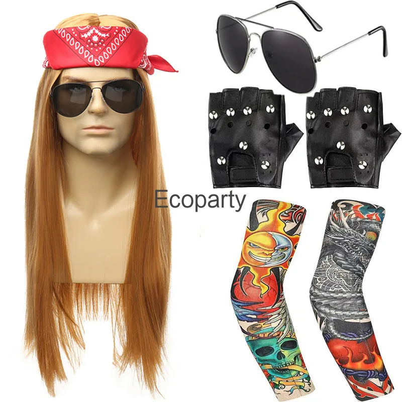 Adult 80s Heavy Metal Rock Star Costume Accessories Halloween Disco Fantasy Costumes Wig Bandana Sunglasses Skull Bracelet Glove