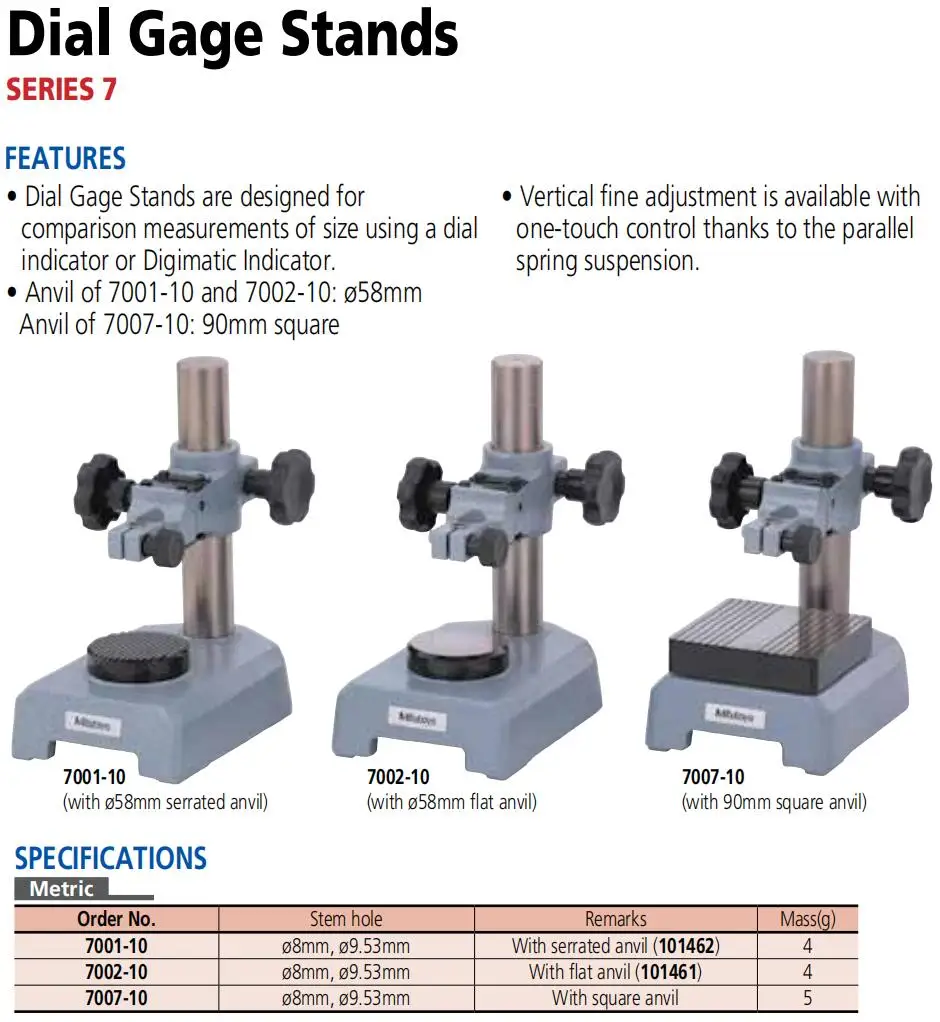 Mitutoyo 7002-10 with dia. 58mm flat hardened steel anvil  Comparator Dial Gage Stands