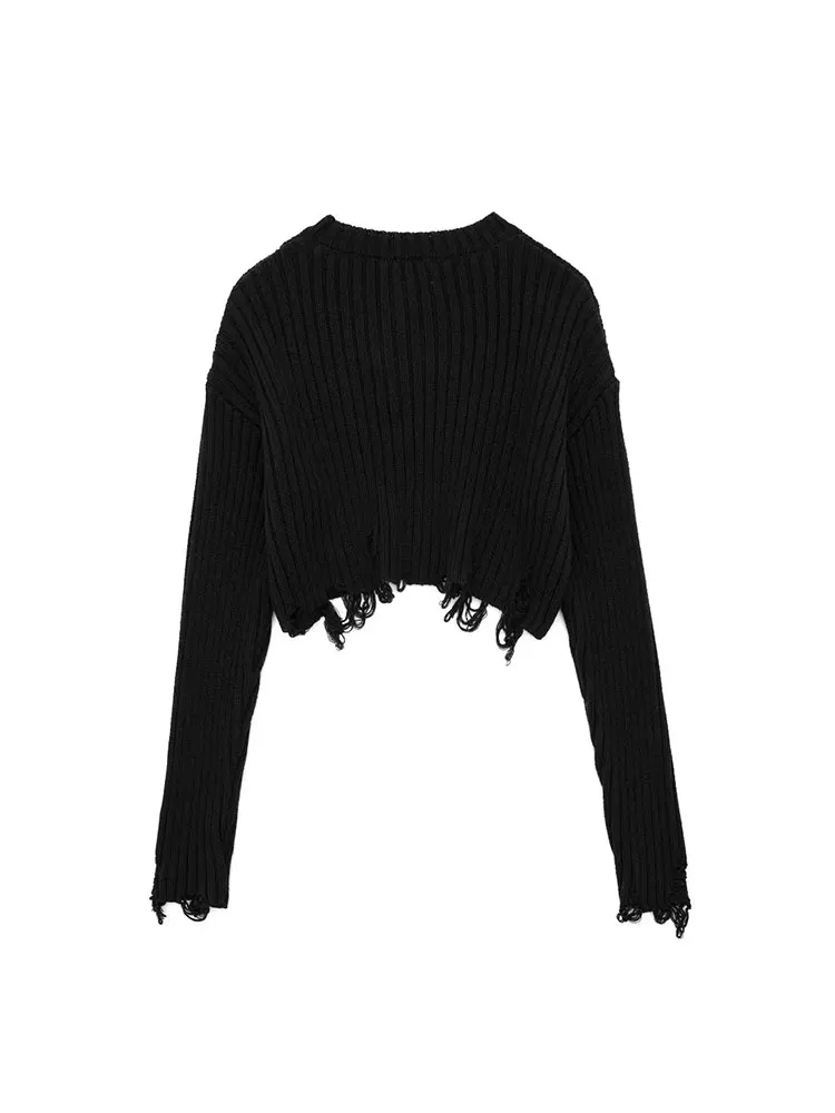 TRAF 2023 Autumn Y2K Women Short Sweaters Long Sleeve Frayed Knitted Jumper Pullovers Female Crop Top Pull Streetwear