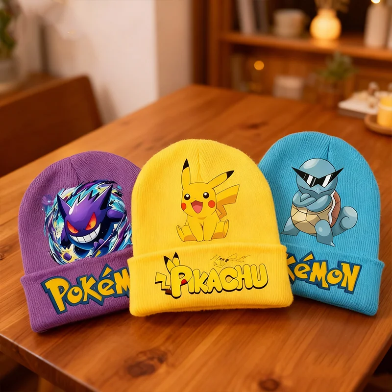 

Вязаная шапка с рисунком Пикачу, вязаная шапка с покемонами в стиле аниме для мальчиков и девочек, зимние теплые ветрозащитные детские шапки, капот, подарки на день рождения