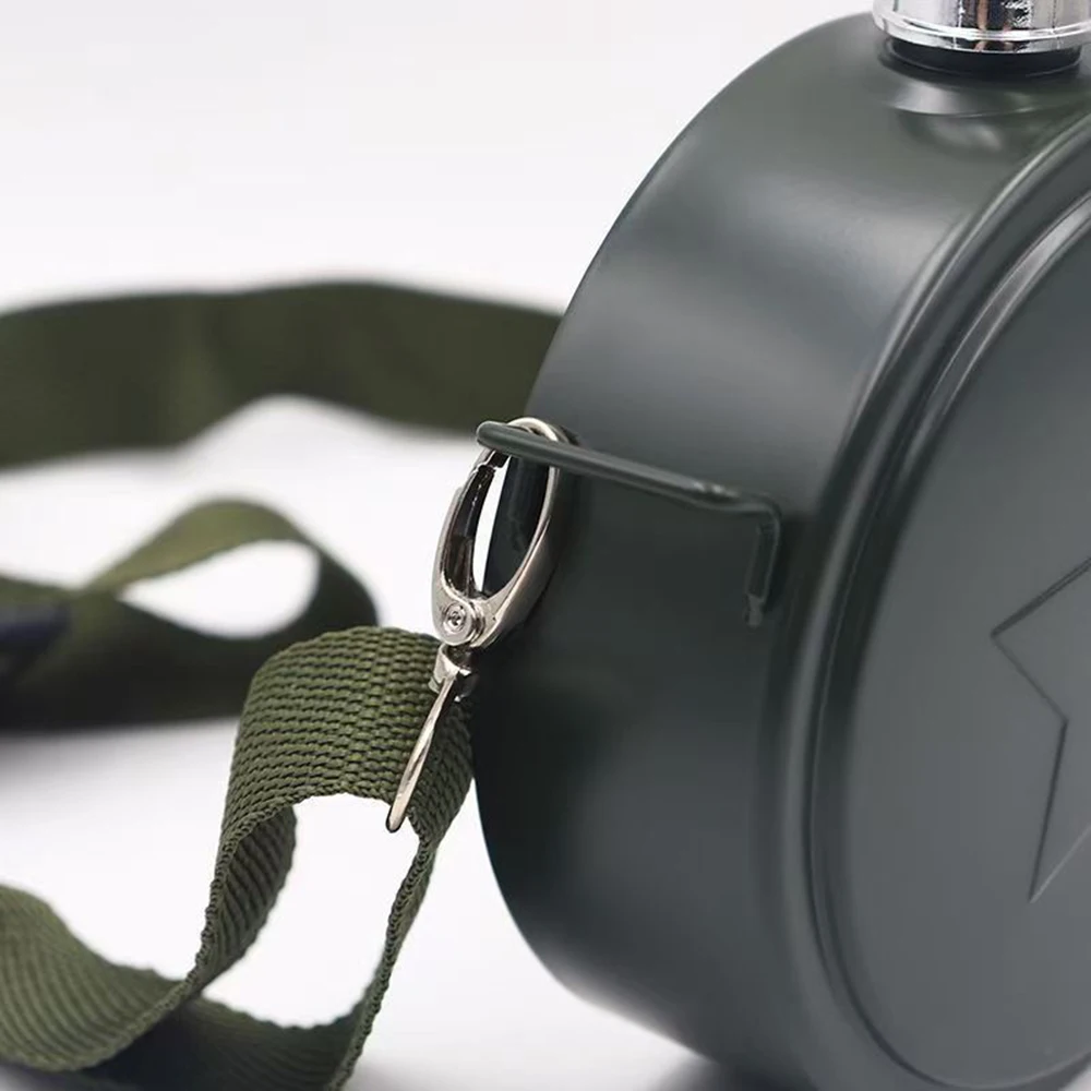 Army Green Stainless Steel Hip Flask with Shoulder Strap, Outdoor Portable Sports Water Bottle, Single-Wall Travel Wine Pot, 6