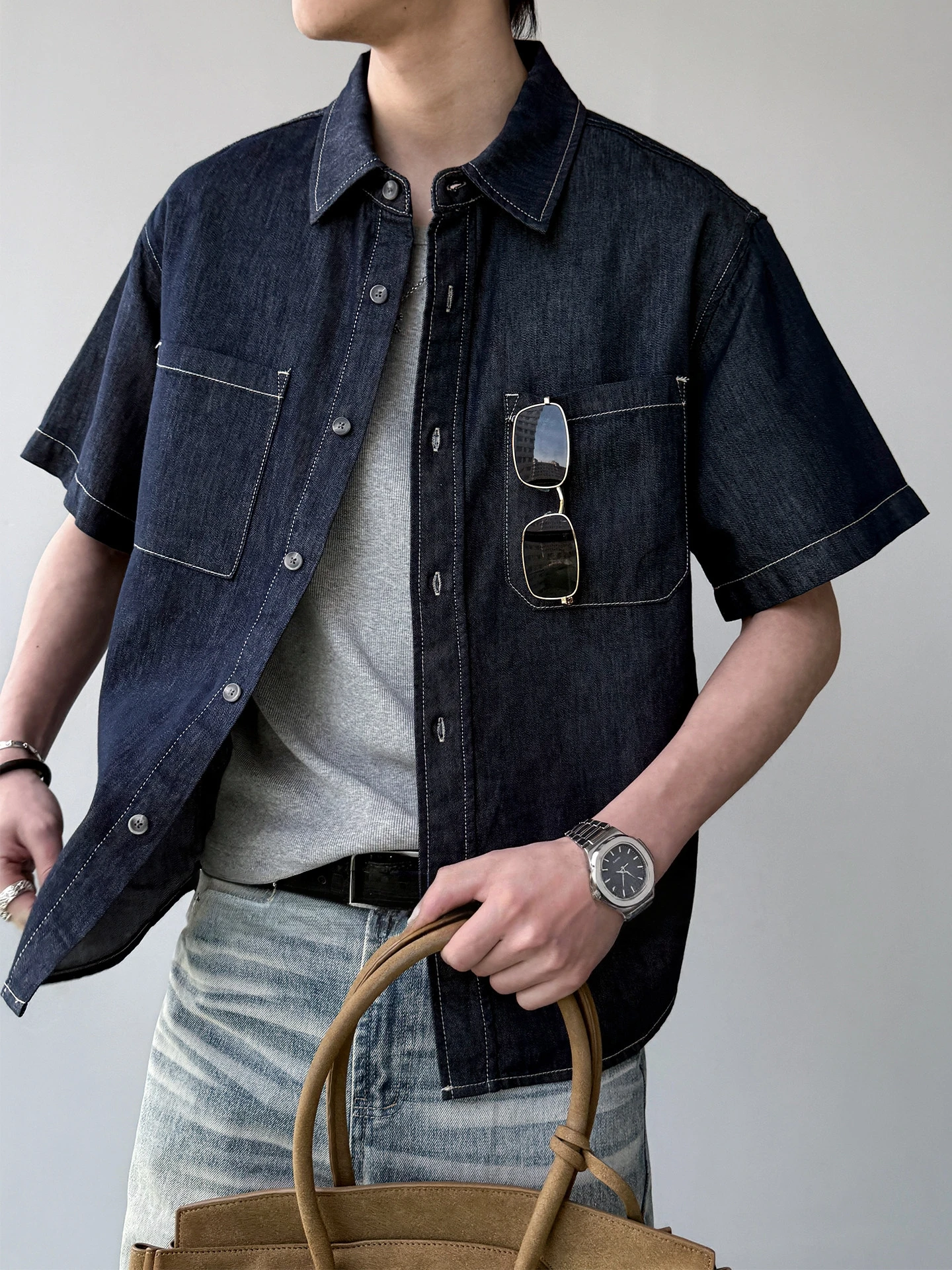 Summer Cooling Lyocell Acetate Denim Work Shirt Mens Short Sleeve Topstitched Trendy Casual Premium Streetwear Blue Tops Male