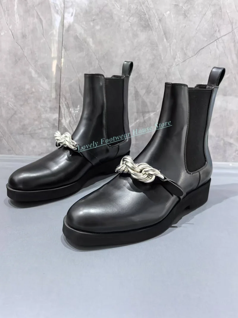 New Style Metal Chain Decoration Man Black Genuine Leather Ankle Boots Spliced Knit Elastic Low Heel Male Slip On Boots Shoes