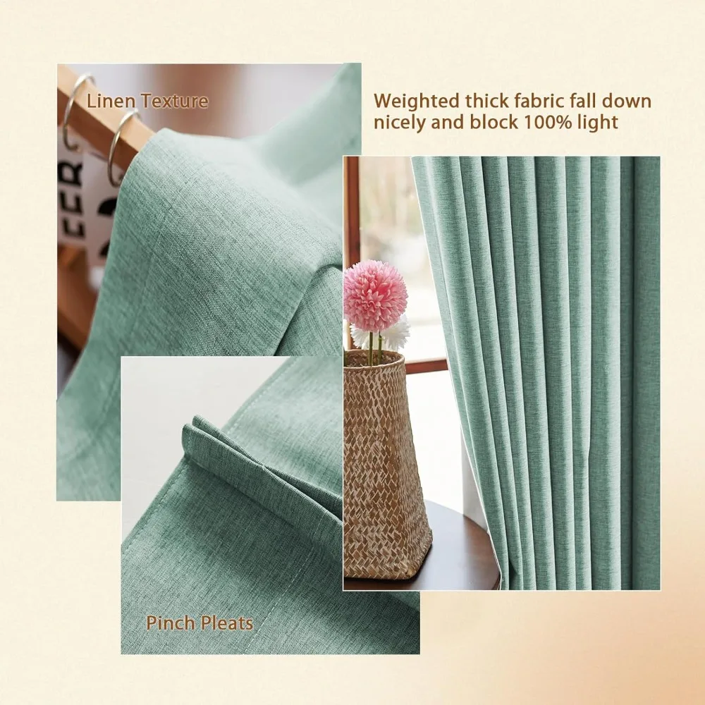 ستائر تعتيم 108 طويلة، طيات مزدوجة من الكتان بنسبة 100%، موفرة للطاقة، مثالية لغرف النوم وغرف المعيشة