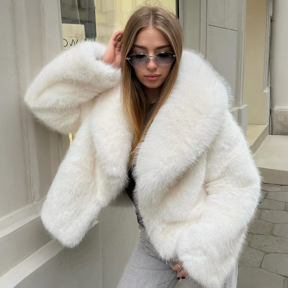 

Ticketsx Elegant Faux Fur Coat Solid Women Lapel Fluffy Loose Short Jacket Fashion New Winter High Street Warm Lady Outerwear