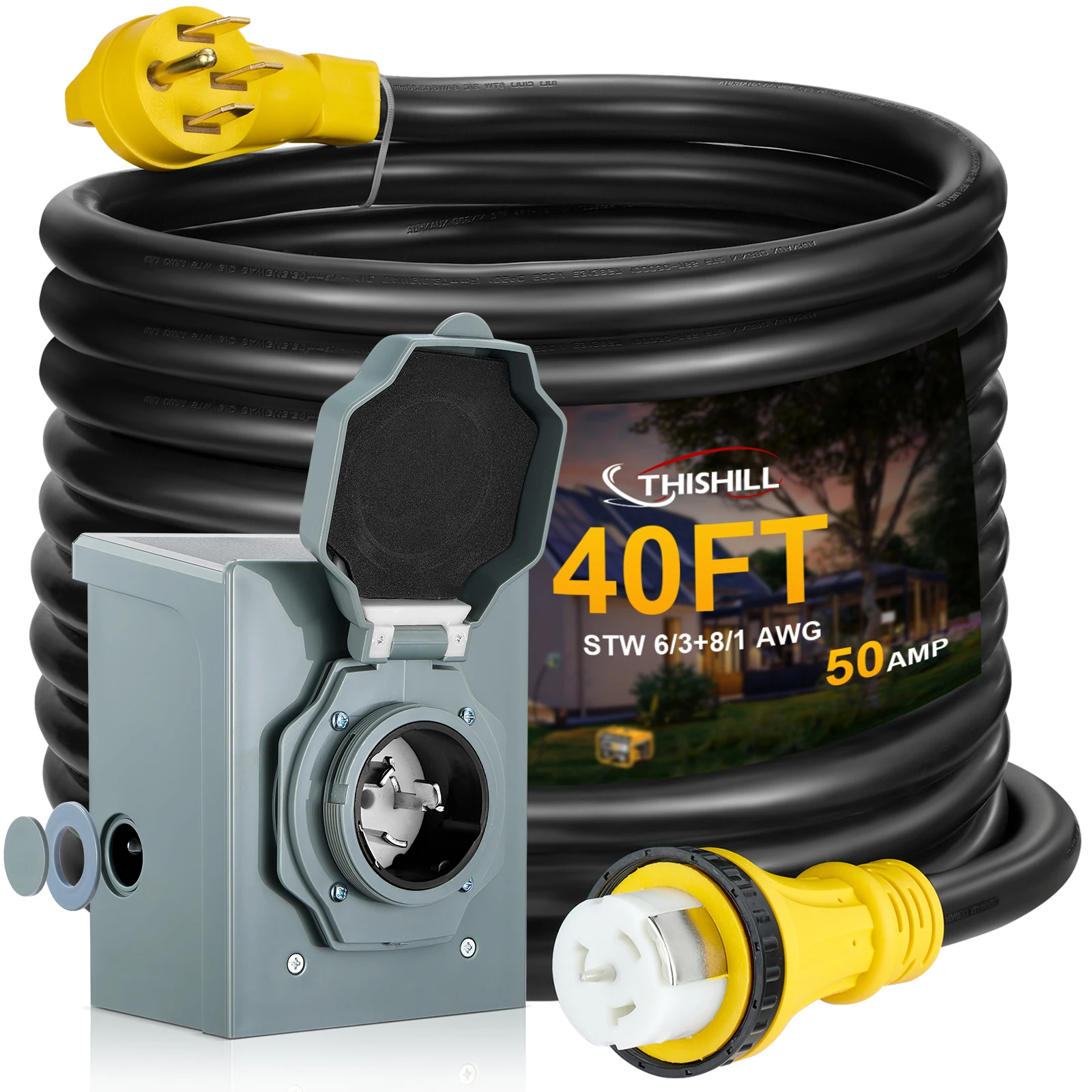 

40FT 50 Amp Generator Cord with Pre-Drilled Power Inlet Box, Heavy Duty Generator Power Cord 4 Prong, Home/RV Power Supply