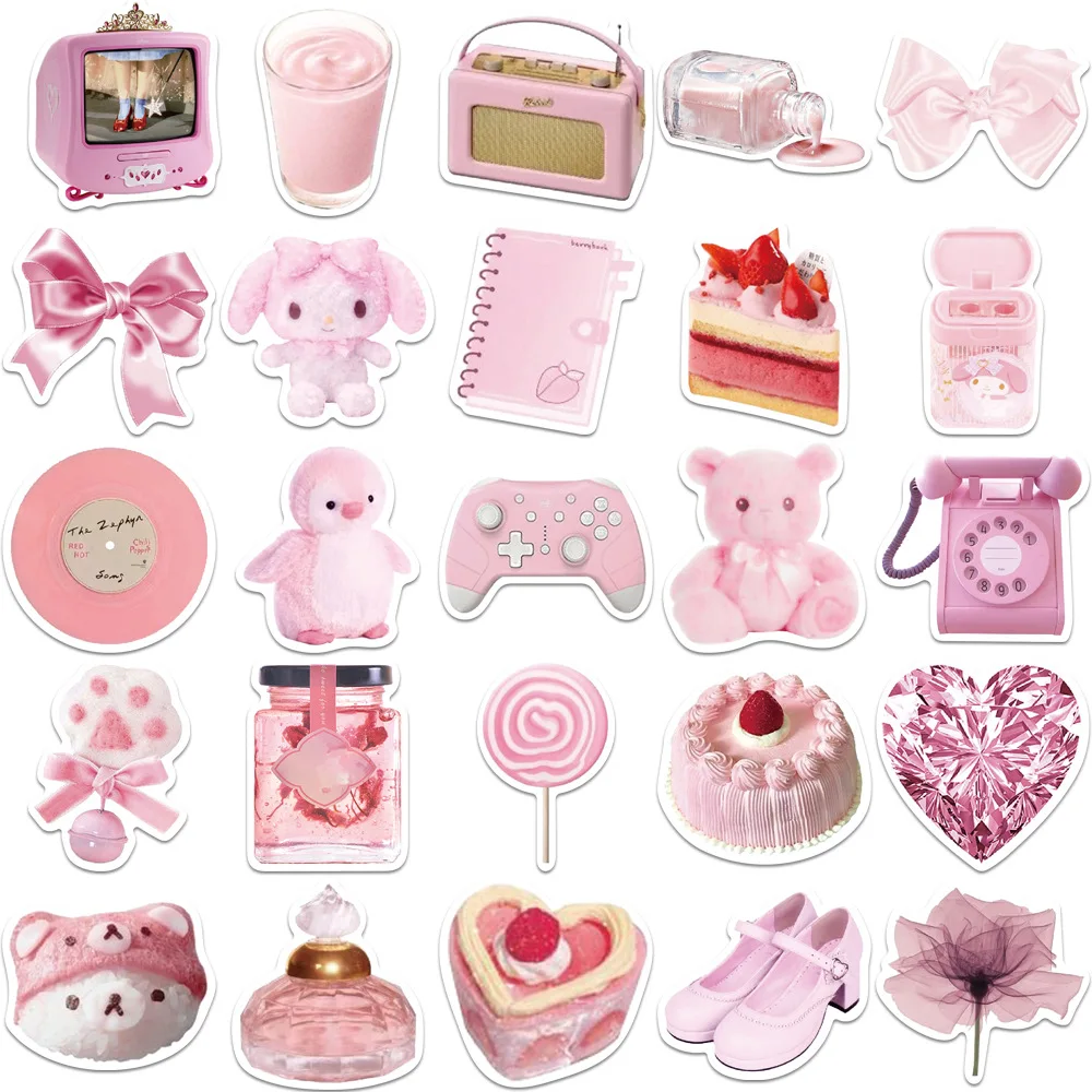 50PCS/pack Pink Cute Sticker Cake Strawberry Vinyl Stickers Water Bottle Laptop Mobile Phone Skateboard Kids Adult Stickers