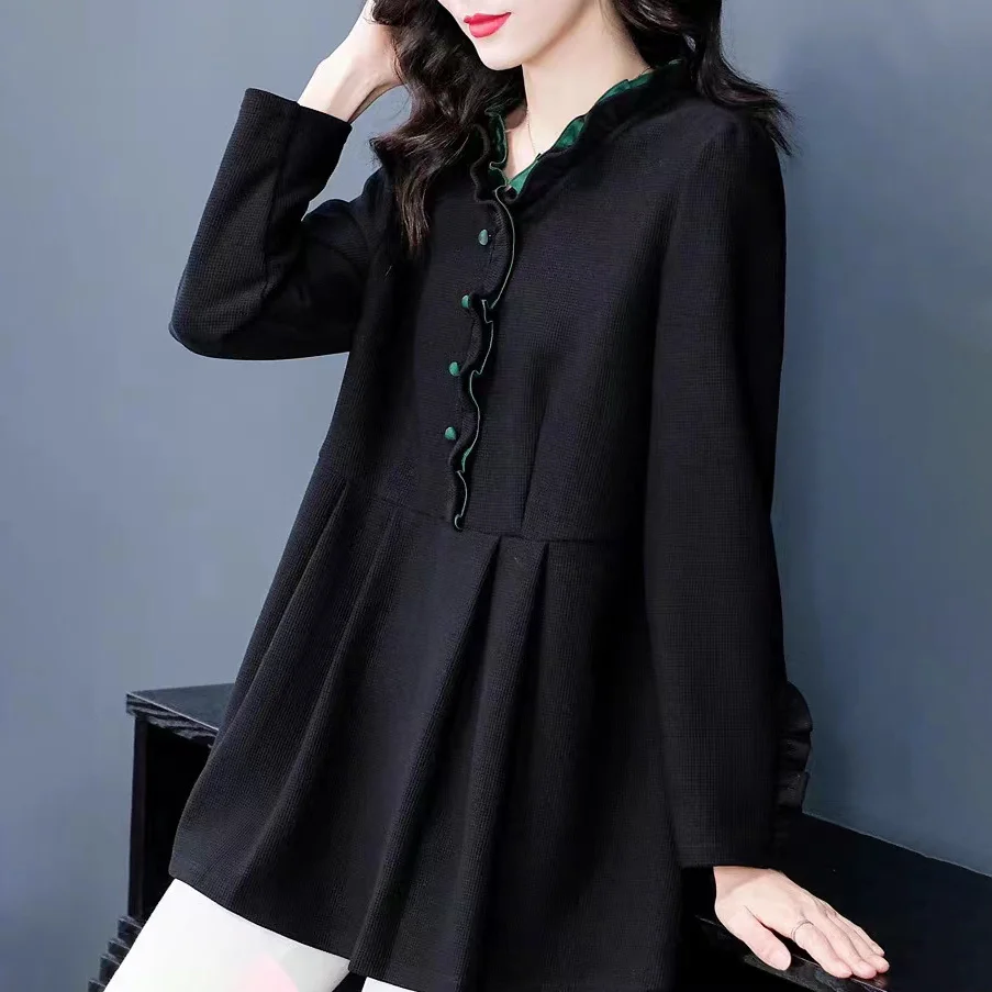 

Women's V-Neck Spring New Arrival Shirt with Ruffle and Color-Blocking Slimming