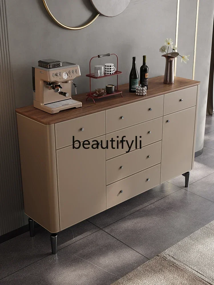 

S1S Saddle leather dining side cabinet Solid wood porch cabinet Living room multi-functional locker Bedroom bedside storage cabi
