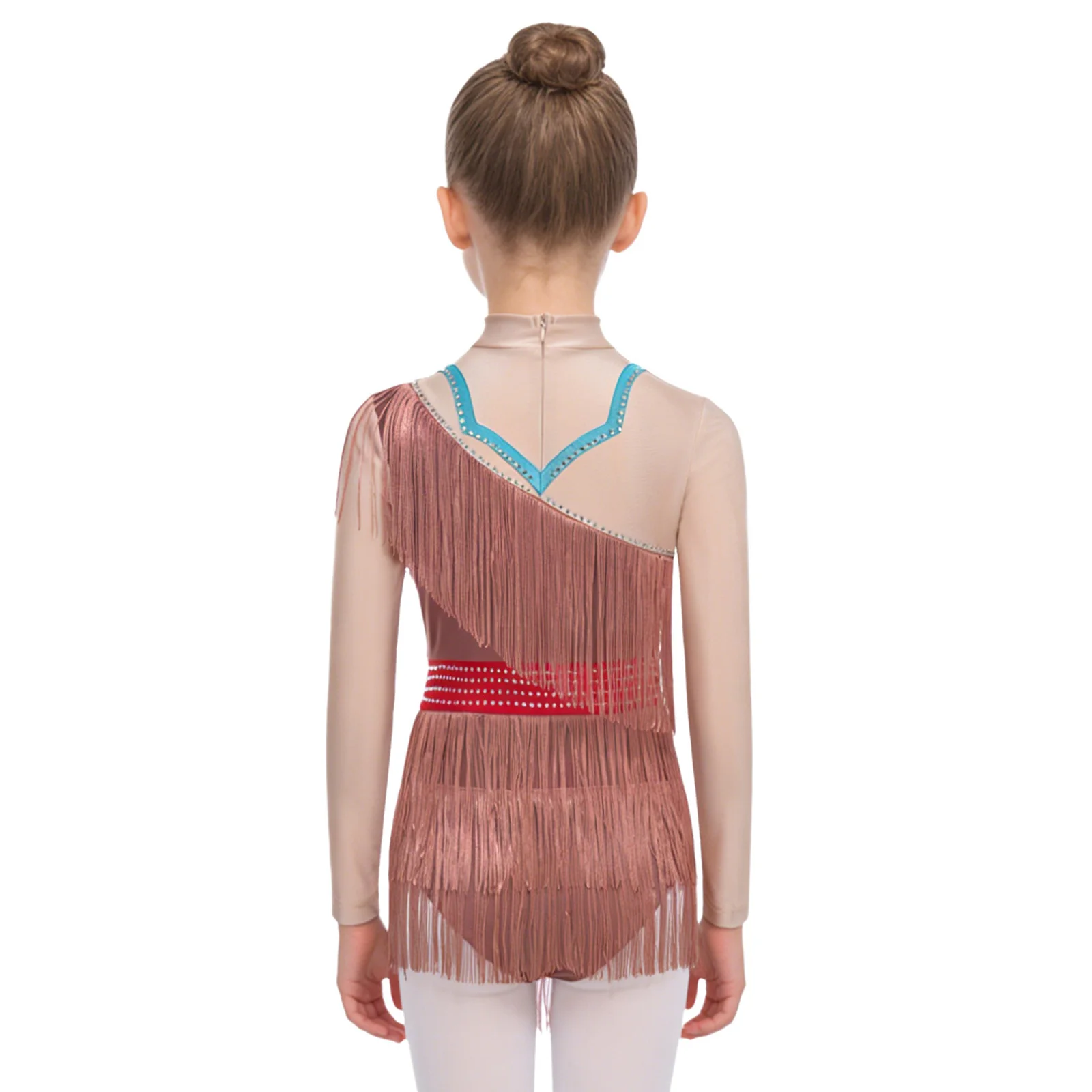 Kinder Mädchen Indianer-Kostüm Ballett Tanz Eiskunstlauf Trikot Glitzerndes Strass Langarm Fransen-Kleid