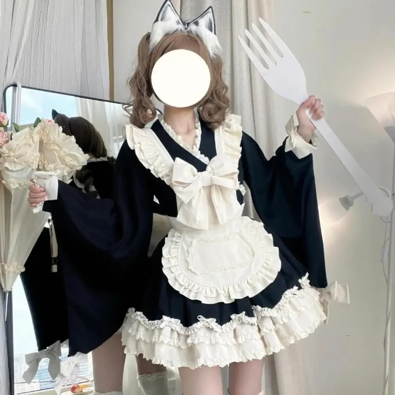 

Women Cute Maid-style Dress with Bow and Lace White Black Apron Lolita Costume Cosplay Full Set Role Play Outfit Theme Party