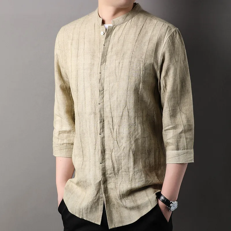 

Men's solid color fashionable versatile casual breathable and comfortable pure linen shirt 2024 autumn and winter Mens Shirts