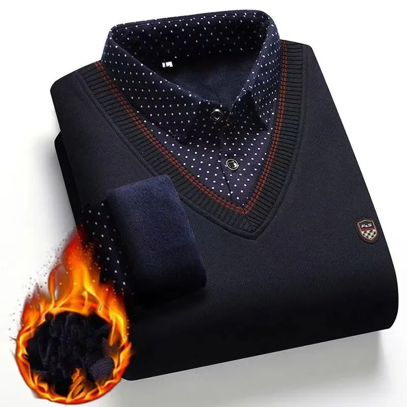

Men's woolen sweater - two-piece set. Fall and winter thick and warm fleece shirt with fashionable casual collar Underwear shirt
