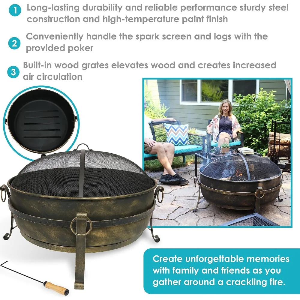 34-Inch Cauldron Style Outdoor Fire Pit Bowl with Spark Screen, Log Poker, and Wood Grate - Dark Bronze Finish-Black