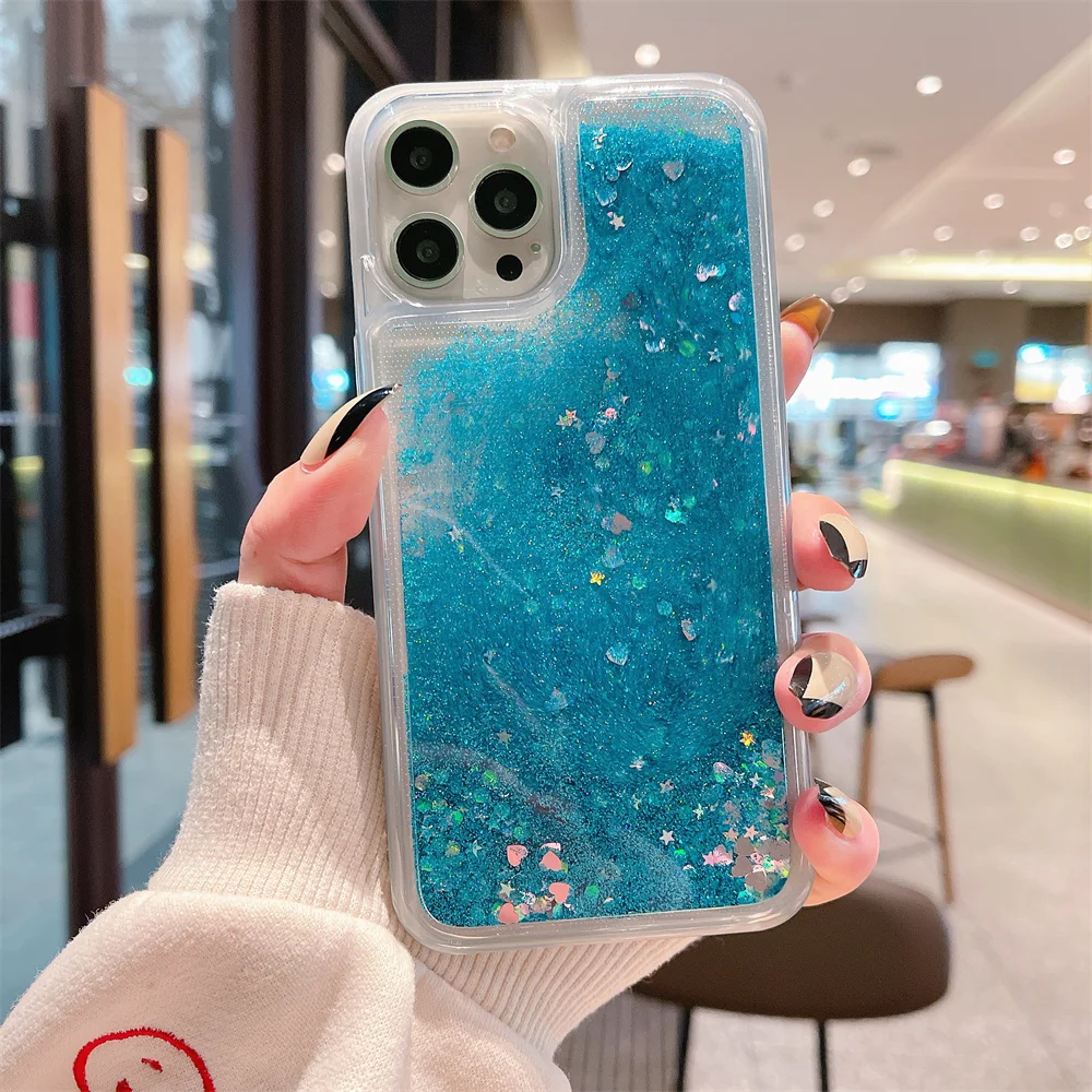 Aesthetic Transparent Liquid Glitter Shiny Sequin Case For iPhone 17 16 15 14 13 12 11 Pro Max Mini Plus 17Air Bumper Cover