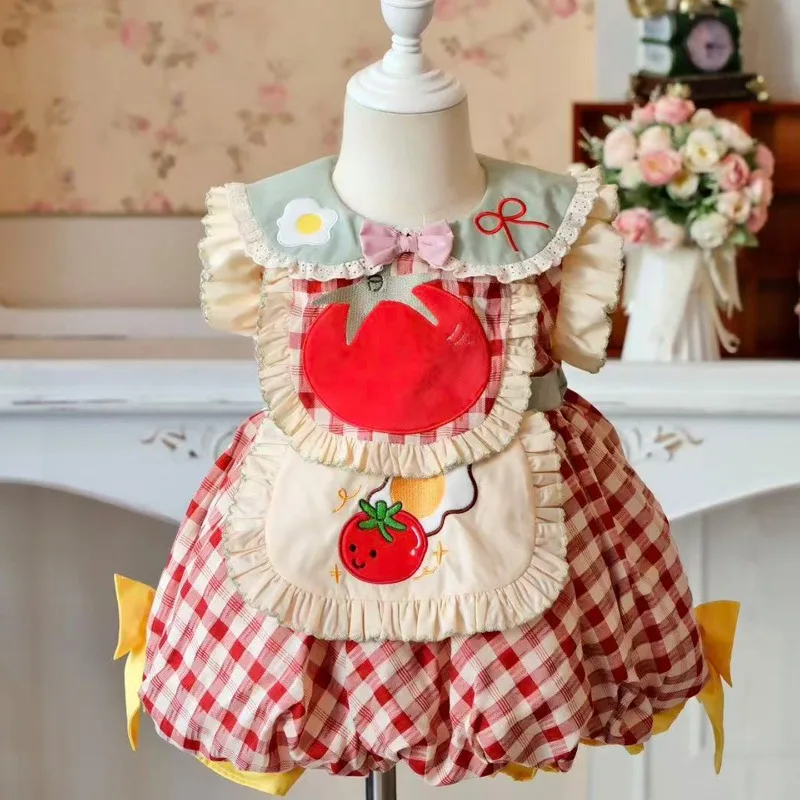 Cottagecore Kids Lolita Dress Red Plaid Tomato Fried Egg Embroidery Apron Puff Sleeve Bubble Skirt Girls Daily Birthday Costume