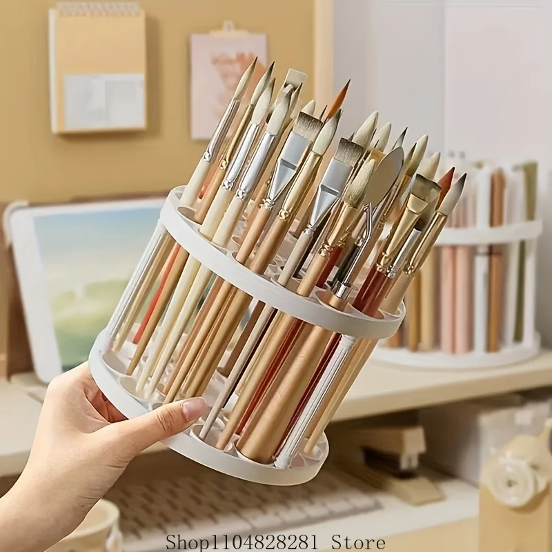 360 °   حامل فرشاة دوار - مقبس بلاستيكي مزجج، مناسب للفرش وأدوات التجميل - ملحق سطح مكتب أبيض موفر للمساحة