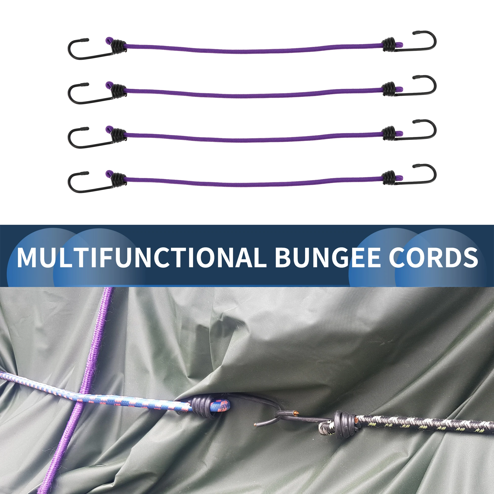 X Autohaux Bungee Cords with Hooks 50cm Adjustable Bungee Cords w/ Buckle Purple 4 Pcs