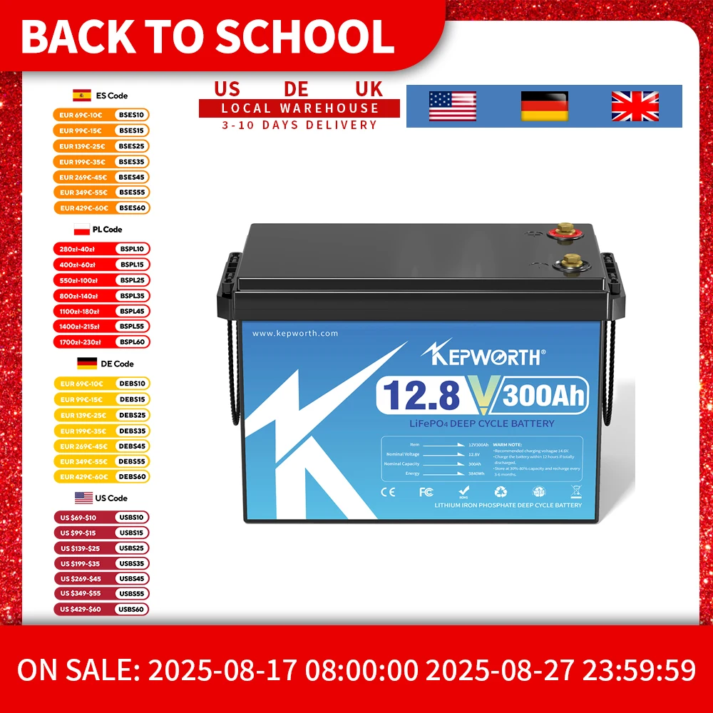 

KEPWORTH 12V 300Ah LiFePO4 Battery, Built-in 200A BMS 3840Wh Energy Deep Cycles, Perfect for Off-Grid, Motorhome, Solar System
