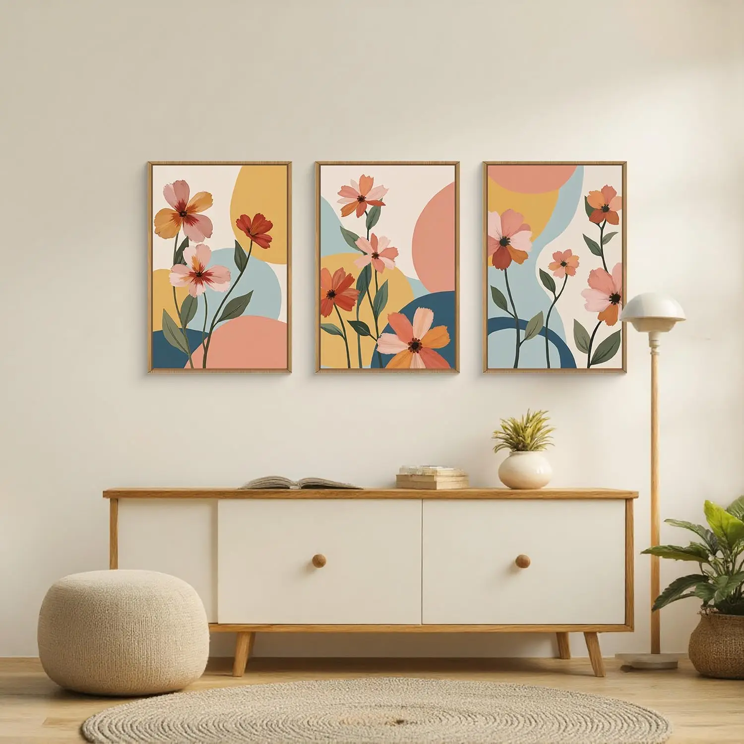 Juego de 3 Cuadros Decorativos de Lona con Flores Bohemias, Imágenes Coloridas de Flores Silvestres, Pinturas de Margaritas en Acuarela Naranja, Decoración Moderna para el Hogar