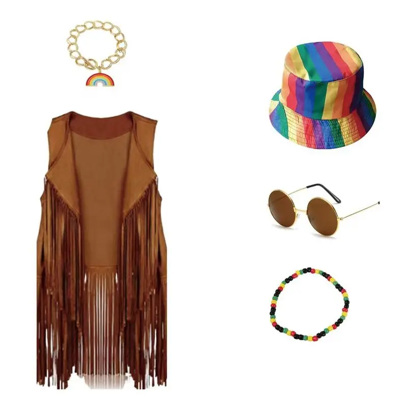 

PESENAR Retro 60s Daily Outfit accessories: 5pcs Bohemian Vest, Hat, Spectacles and Hippie Jewelry