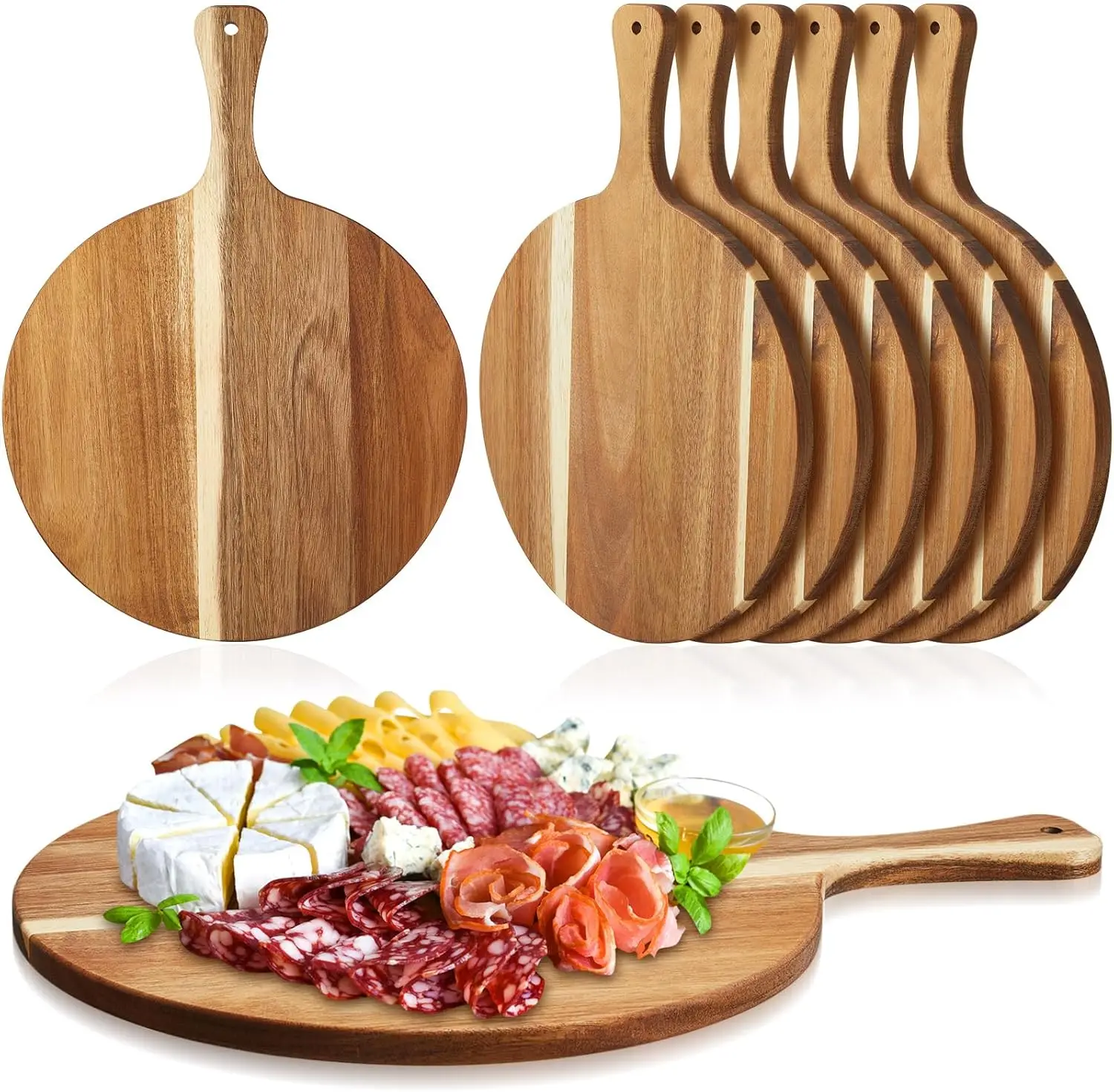 

6 Pcs Acacia Wood Round Cutting Board Bulk 0.6 Inch Thick Charcuterie Board with Handle Large Wooden Chopping Paddle for