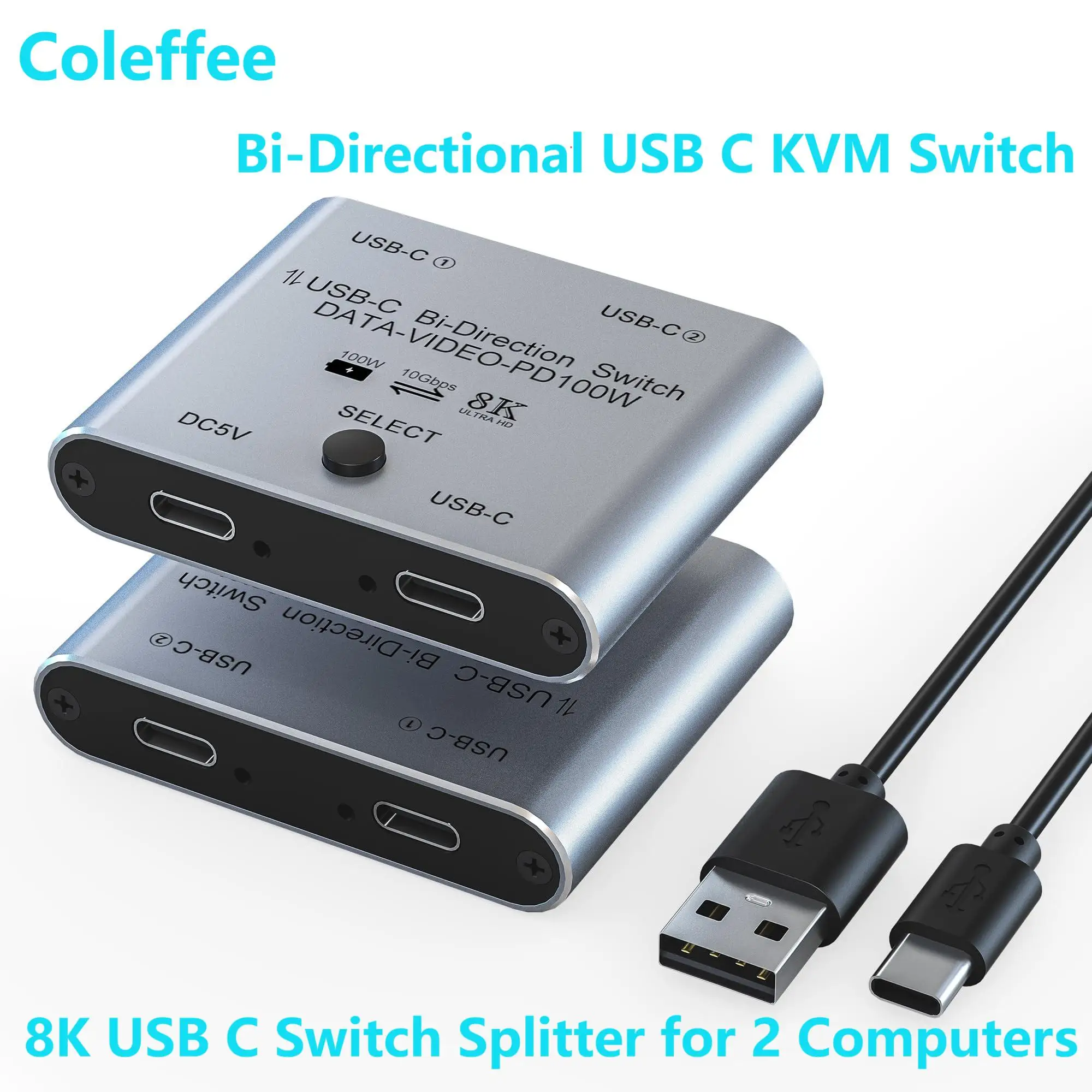 8K USB C Switch Splitter for 2 Computers Bi-Directional Type C KVM Switch 1 in 2 Out/2 in 1 Out for 8K@60Hz/4K@144Hz 100W Charge