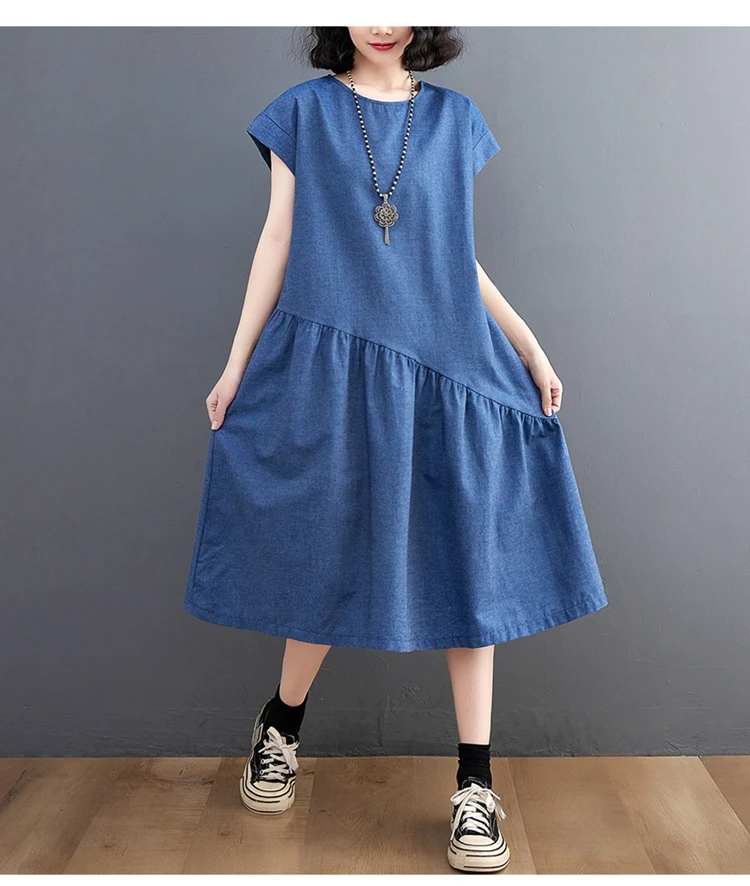 Ultra-loose  2023 New Women's SummeBlue Denim Dress Slim In Literary Temperament Soft Dress Comfortable In Ruffled Dress Female