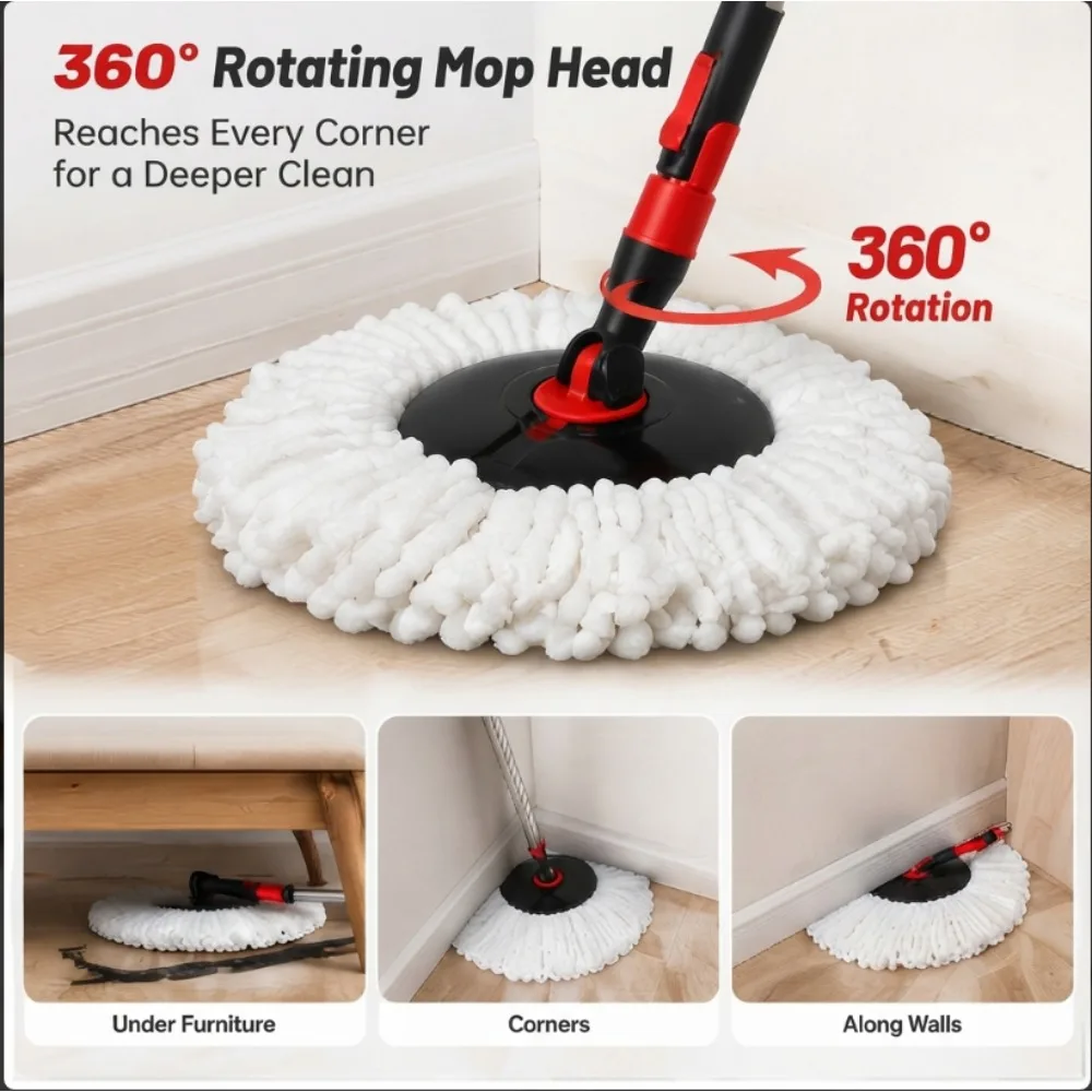 Car Style Spin Mop and Bucket Set with Wringer, 360° Rotating Mop Head, Microfiber Mop Pads, Wheels for Easy Floor Cleaning