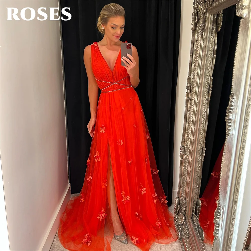 

ROSES Tank V Neck Chic Woman Evening Dress Gown 3D Flower Ball Gown Net Beading Night Dress Gown With High Split robes de soirée