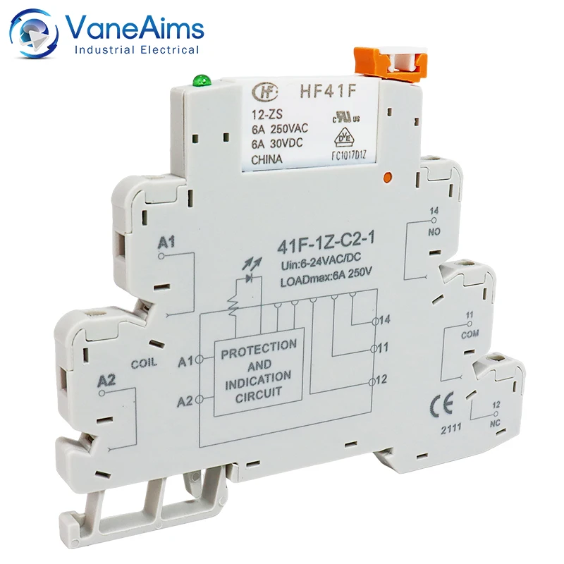 Ultra Thin Relay Module DIN Rail Mounting HF41F 12-ZS 24-ZS Ultra Slim Ultra-thin Electromagnetic Relay DC 12V 24V 6A with LED