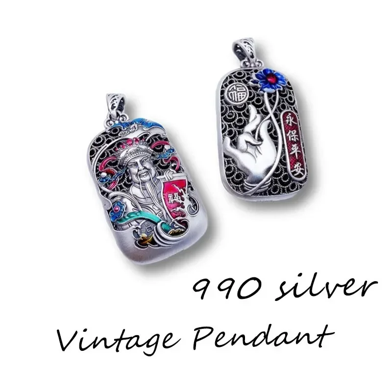 قلادة مجوهرات مزدوجة الجوانب ، قلادة مجوفة ، إله الثروة الكلاسيكي الملون ، مينا الفضة ، الطراز الصيني